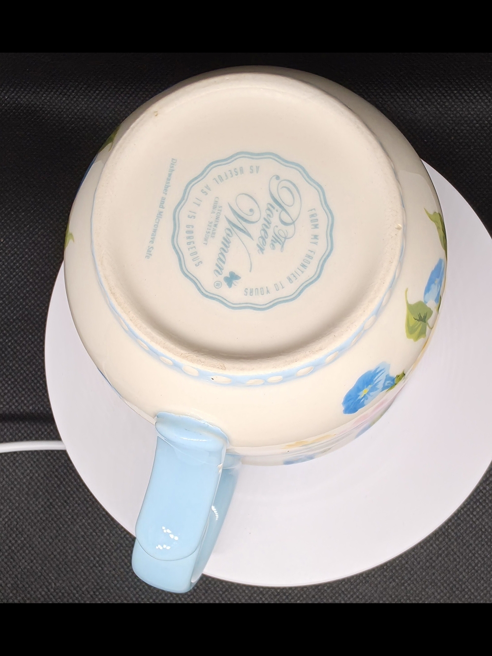 Ceramic Floral Teacup with Blue Handle - Cream/Red/Yellow - Picture 6 of 9